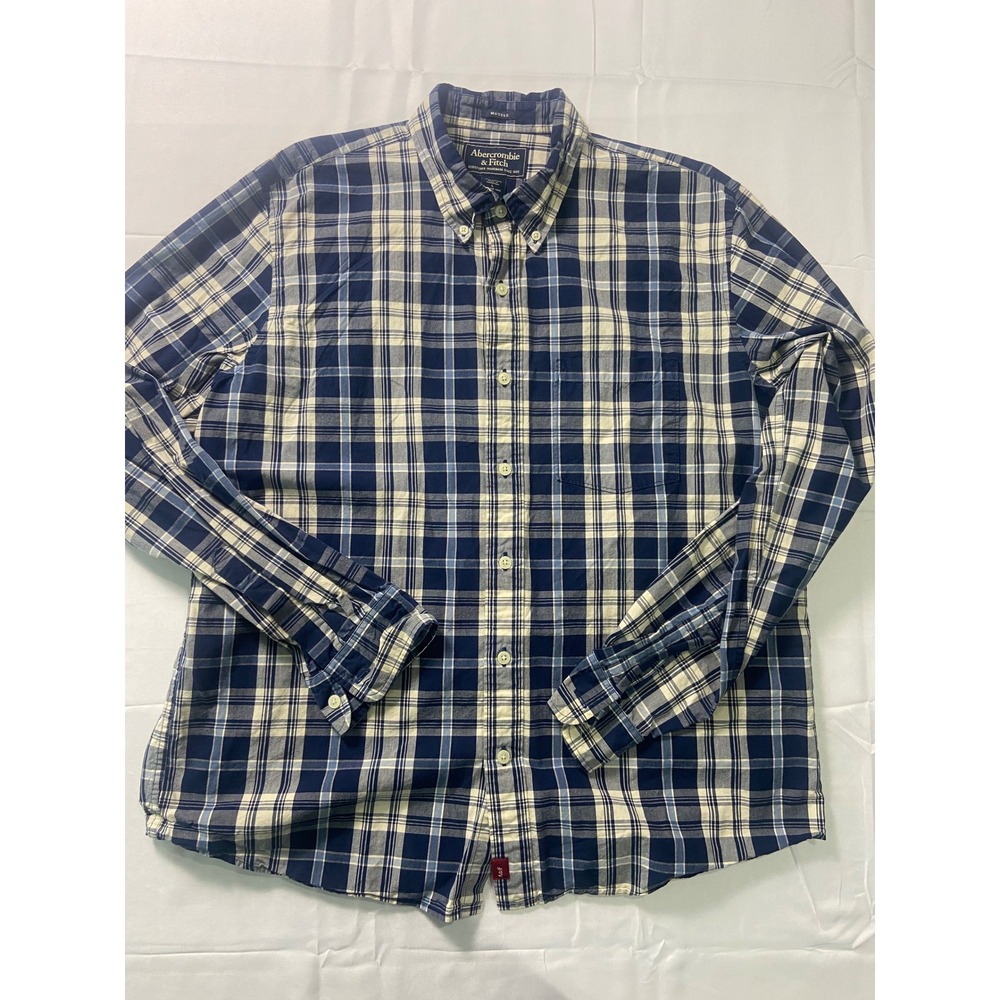 Abercrombie Fitch Mens Blue Plaid Muscle Fit Long Sleeve Button Down Shirt L